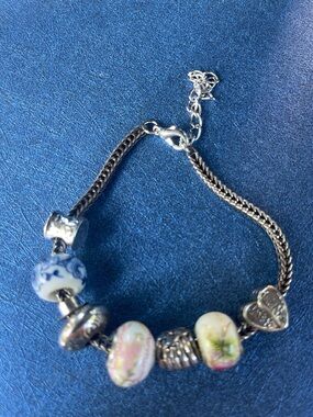 Best Friend Charm Bracelet with White, Blue and Pink Glass Beads